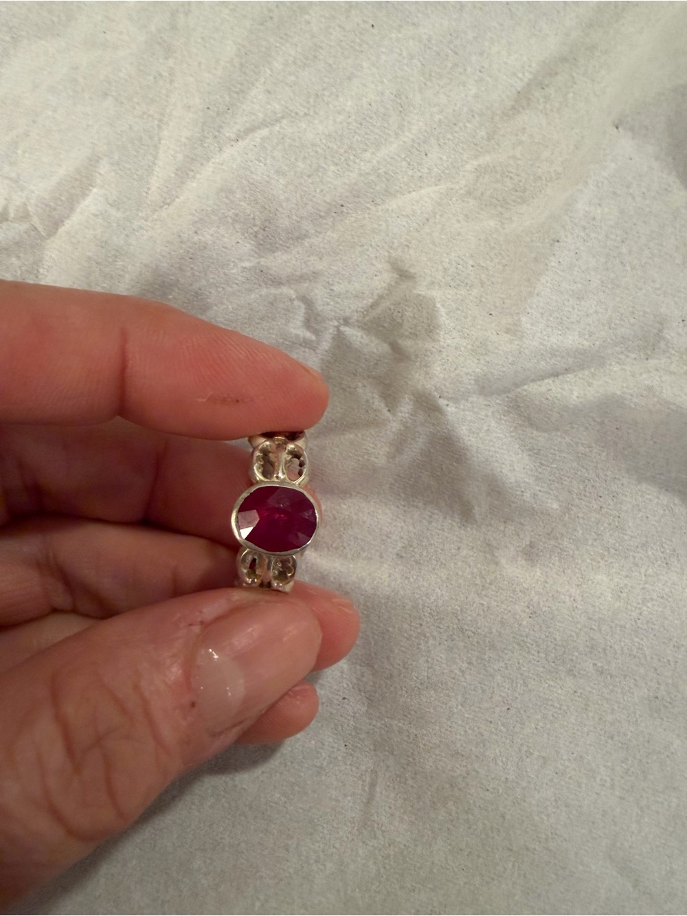 Silver Ring with Deep Pink Oval Gemstone